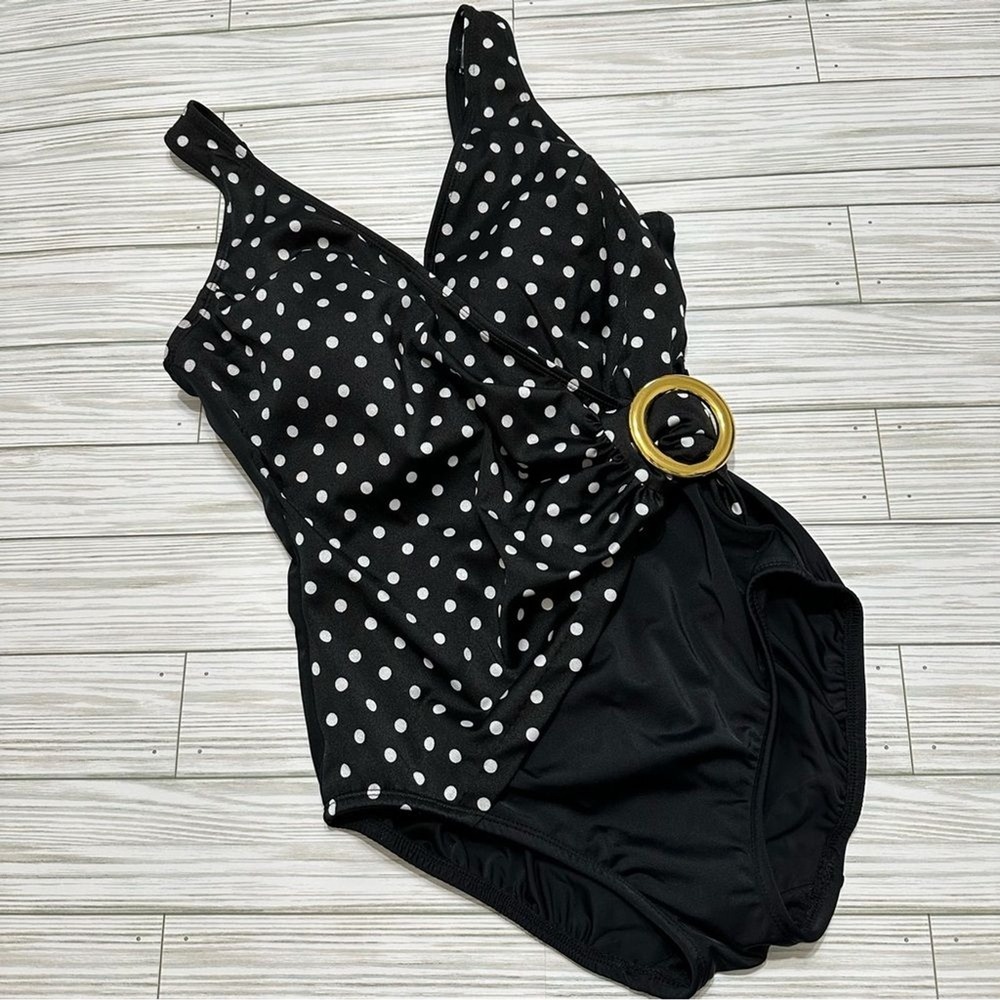 Inches Away Womens Black Polka Dot‎ One Piece Swimsuit Gold Ring Size 8